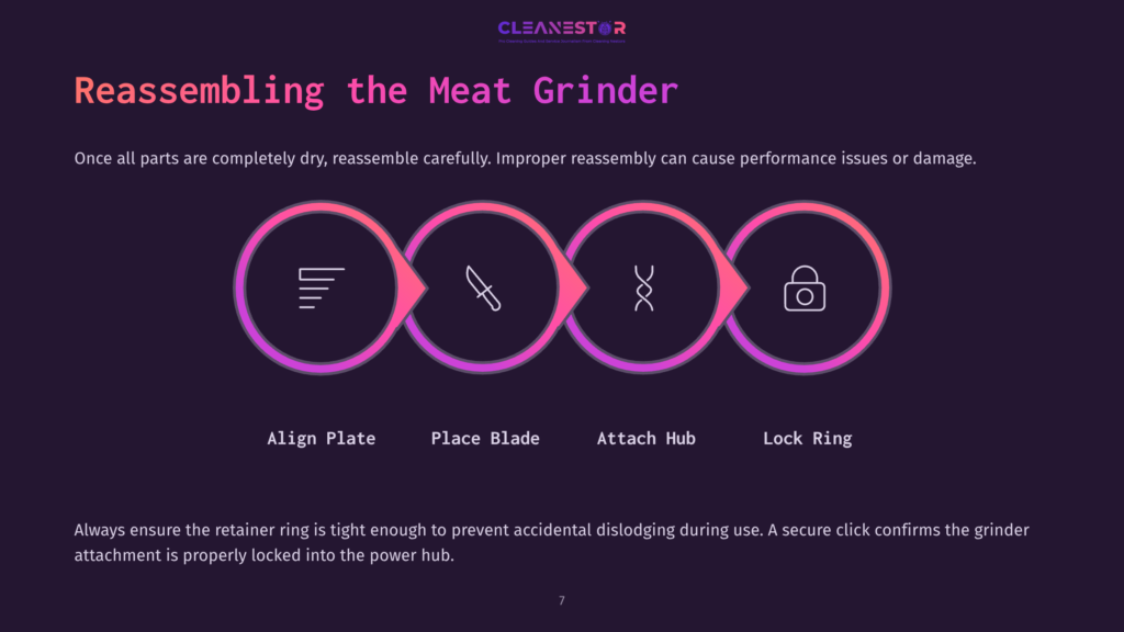 Diagram Illustrating The Reassembly Of A Meat Grinder, Showing Four Steps: Align Plate, Place Blade, Attach Hub, And Lock Ring, With Icons Representing Each Stage. The Text &Quot;Reassembling The Meat Grinder&Quot; Is Prominent.
