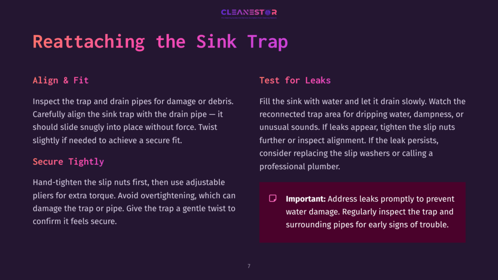 Text Instructions On Cleaning A Sink Trap, Featuring A Clear Layout With Purple And White Text, Outlined Steps, And A Tip Highlighted In Bold.
