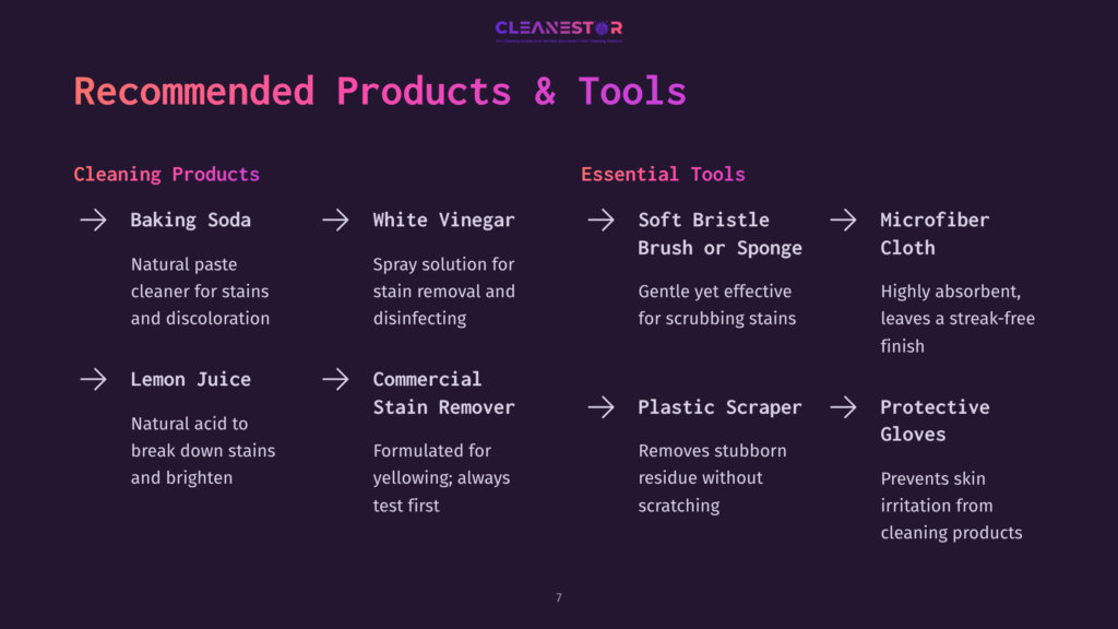 A Dark Purple Background Displays A List Of Recommended Cleaning Products And Essential Tools, Including Baking Soda, White Vinegar, Lemon Juice, A Soft Bristle Brush, A Plastic Scraper, Microfiber Cloths, And Protective Gloves.
