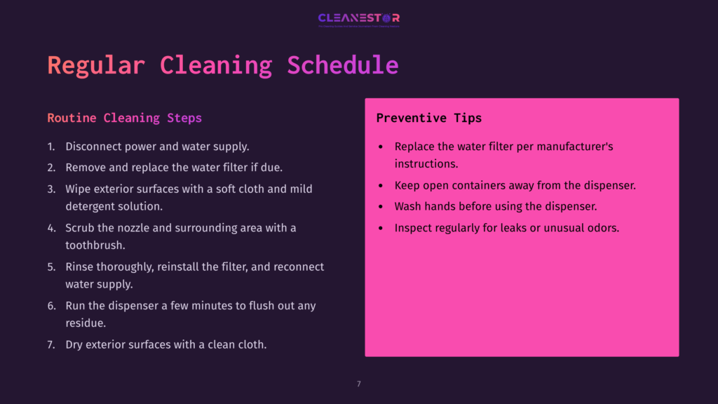 7 Regular Cleaning Schedule 1 A Dark Purple Slide With Pink Text Titled &Quot;Regular Cleaning Schedule&Quot; And &Quot;Preventive Tips&Quot; Lists Steps For Cleaning And Maintenance, Including Disconnecting Power, Wiping Surfaces, And Inspecting For Leaks.