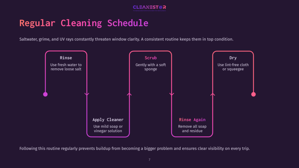 7 Regular Cleaning Schedule Infographic Detailing A Regular Window Cleaning Schedule With Three Main Steps: Rinse, Scrub, And Dry, With Sub-Steps For Each. The Steps Are Presented In A Vertical Flow With Arrows And A Purple And Pink Gradient Theme.