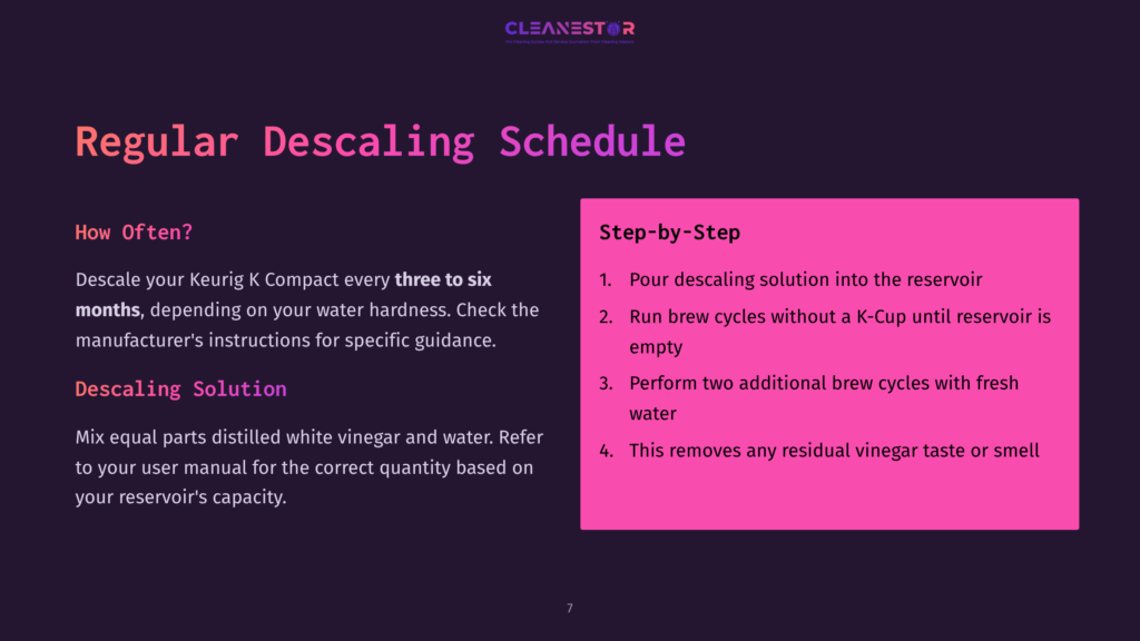Instructions For Descaling A Keurig K Compact, Featuring A Purple Background, Bold Pink Text, And Clear Step-By-Step Guidelines.