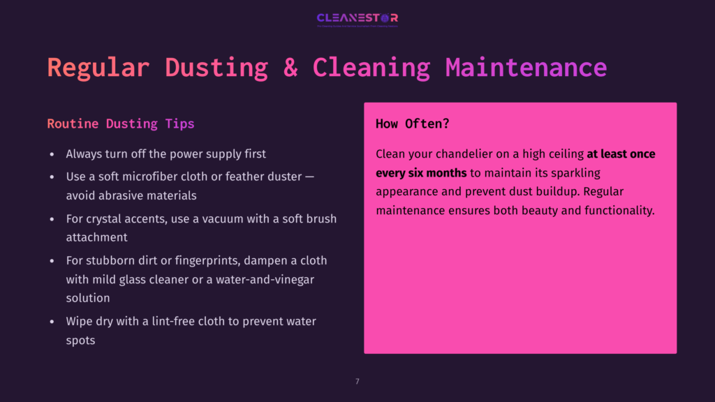 7 Regular Dusting And Cleaning Maintenance Dark Purple Background With &Quot;Cleanestor&Quot; Logo At The Top, And &Quot;Regular Dusting &Amp; Cleaning Maintenance&Quot; In Large White And Pink Text. Left Side Lists &Quot;Routine Dusting Tips&Quot; With Bullet Points. Right Side Has &Quot;How Often?&Quot; In Pink, With Text About Cleaning Chandeliers Every Six Months.