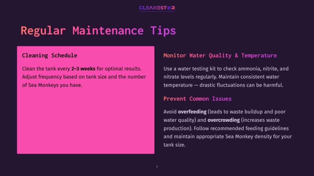 7 Regular Maintenance Tips Text-Filled Slide Featuring A Vibrant Pink Box Outlining A Cleaning Schedule, With Bullet Points On Maintaining Sea Monkey Tank Quality Against A Dark Background.