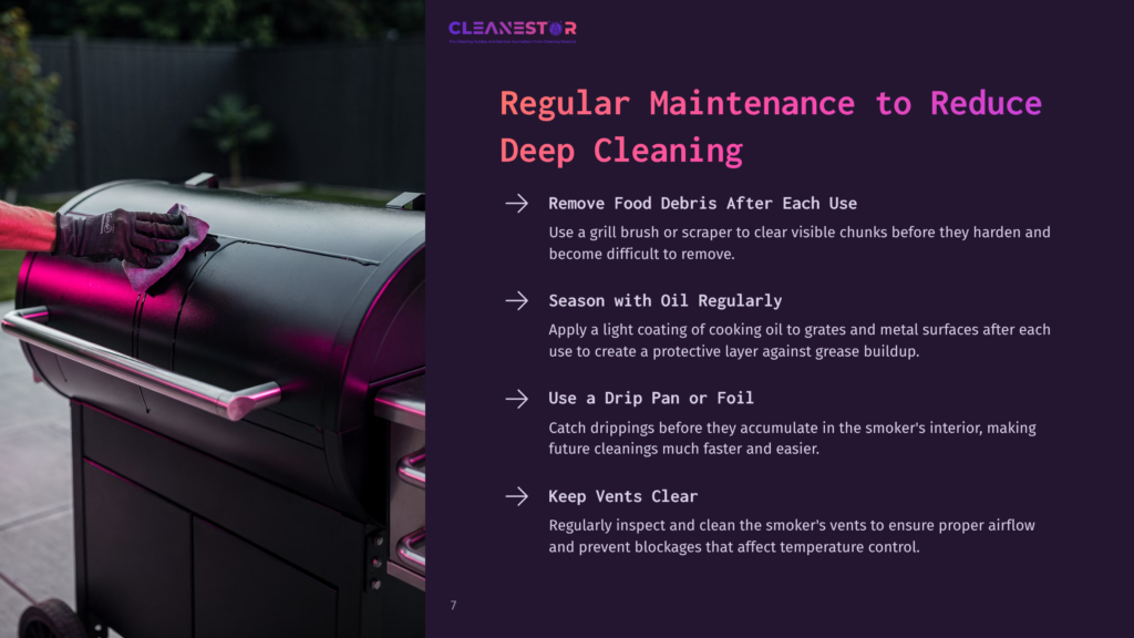 A Person Cleaning An Offset Smoker With A Brush, Surrounded By A Backyard Setting, Highlighting Maintenance Tips With Purple Text.