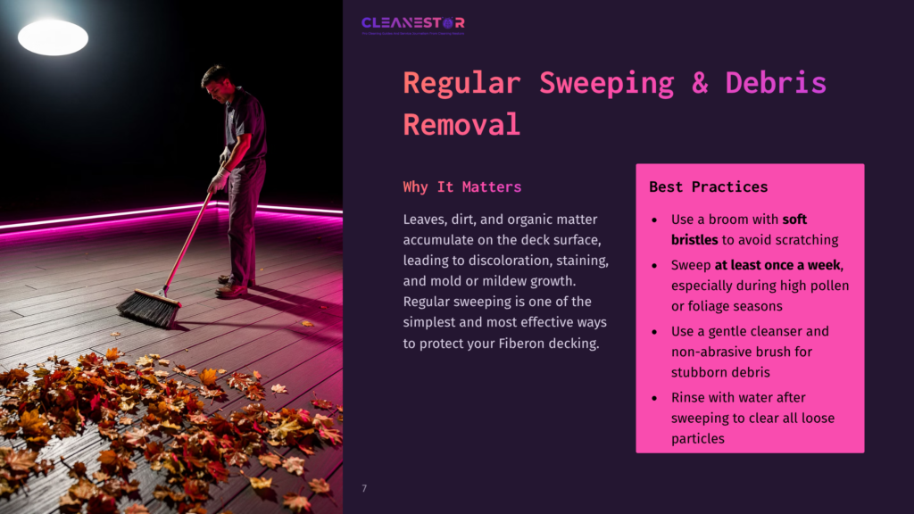 A Person Sweeping Fallen Leaves Off A Decking Surface With A Broom, Surrounded By Purple Lighting And Autumn Colors.