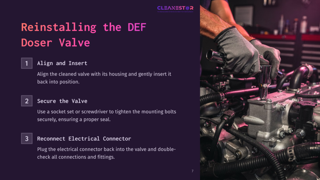 Close-Up Of Hands Wearing Grey Work Gloves Reassembling A Def Doser Valve On An Engine, With Steps 1-3 Highlighted On The Left: &Quot;Align And Insert,&Quot; &Quot;Secure The Valve,&Quot; And &Quot;Reconnect Electrical Connector.