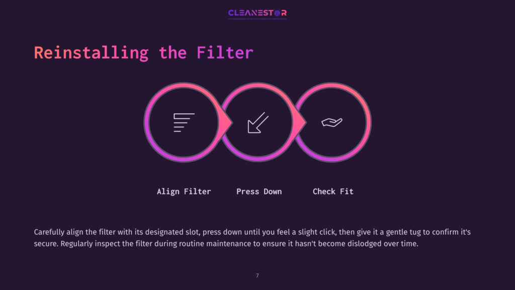 Diagram Showing How To Reinstall A Filter: Align Filter, Press Down, Check Fit. The Text &Quot;Reinstalling The Filter&Quot; And &Quot;Cleanestor&Quot; Are Also Visible.