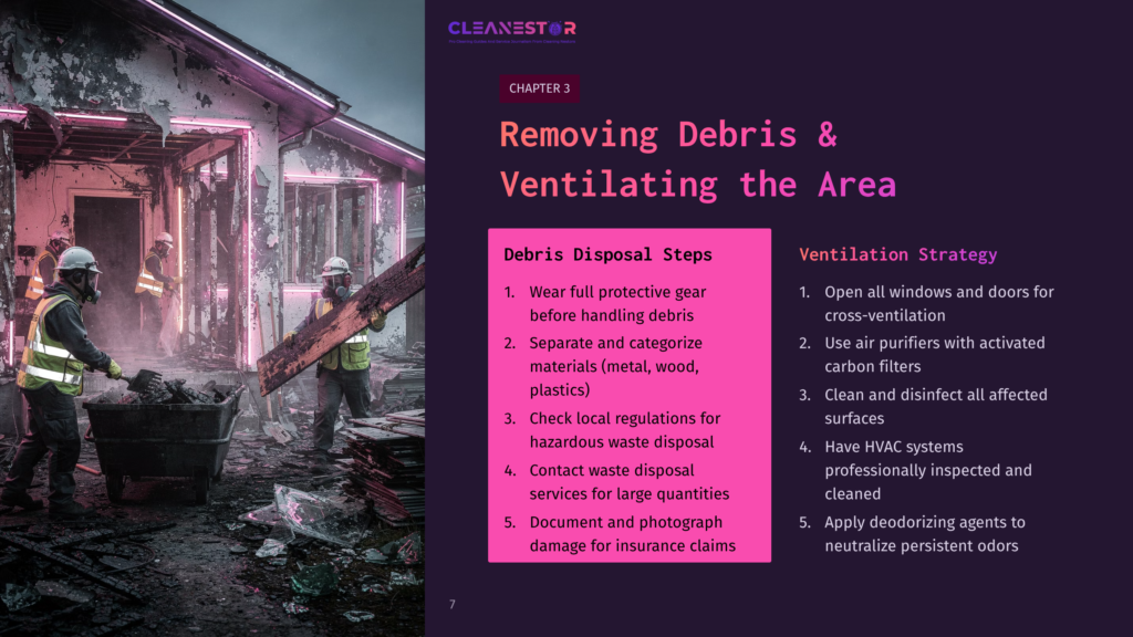 Workers In Protective Gear Clear Debris From A Damaged Building, With &Quot;Cleanestor&Quot; And &Quot;Removing Debris &Amp; Ventilating The Area&Quot; Text Visible.