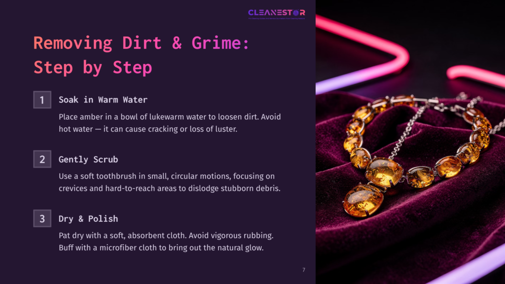 A Necklace With Amber Stones On A Purple Velvet Surface, Accompanied By Text Instructions On Cleaning Methods. Neon Accents In The Background.
