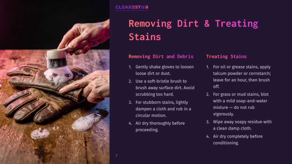 7 Removing Dirt And Treating Stains A Person Cleaning Leather Garden Gloves With A Brush, Surrounded By Soapy Water And A Cloth, On A Purple And Black Background.