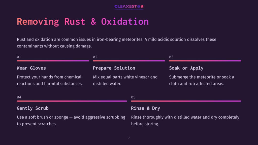 Graphic Outlining Steps To Clean Meteorites, Featuring Bold Headings In Pink And White Text On A Dark Purple Background With Numbered Instructions.