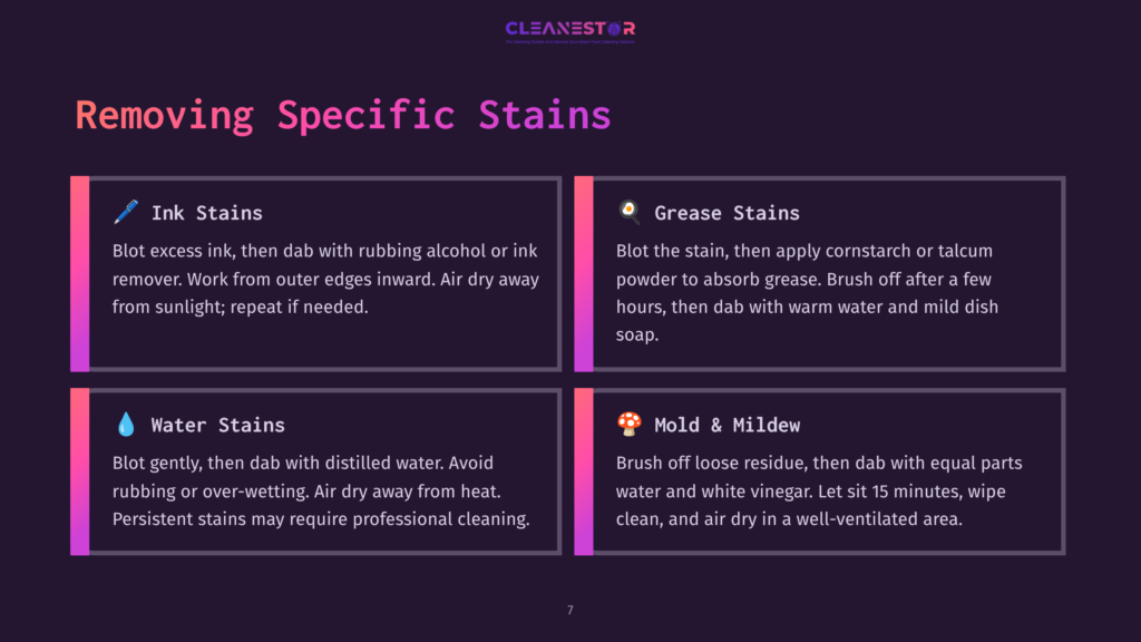 Four Stain Removal Techniques Are Presented In Colored Boxes: Ink, Grease, Water, And Mold Stains, With Icons And Brief Instructions.