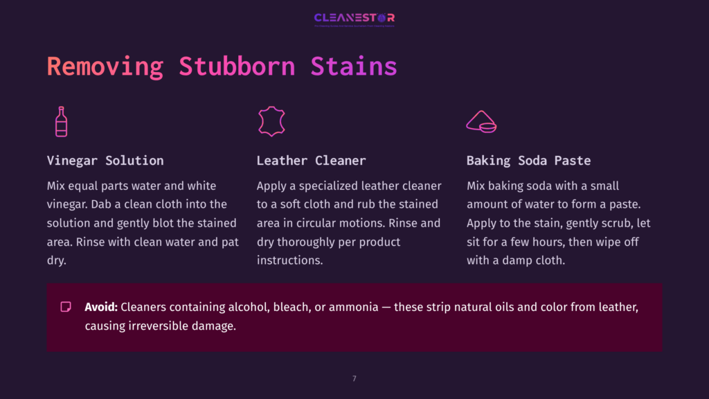 Removing Stubborn Stains With Vinegar Solution, Leather Cleaner, And Baking Soda Paste