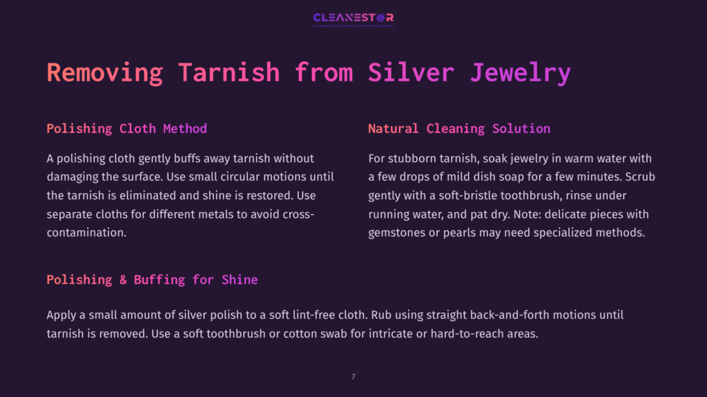 Instructions For Cleaning Silver Jewelry, Featuring Two Methods: Polishing With A Cloth And Using A Natural Cleaning Solution, With A Purple And White Color Scheme.