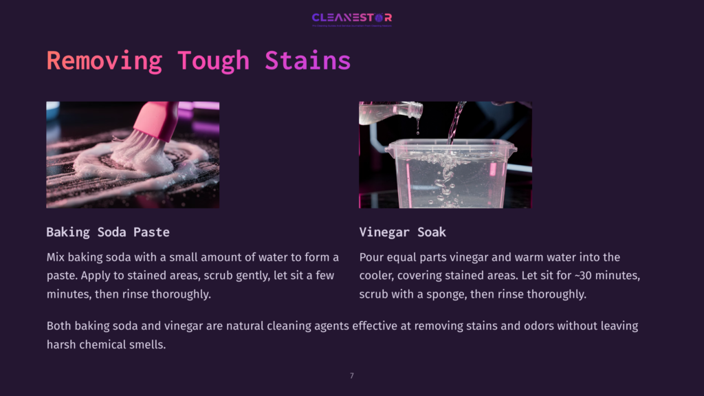 Baking Soda Paste Mixed With Water In A Bowl And A Vinegar Soak In A Cup, With A Sponge Nearby For Cleaning Stains.