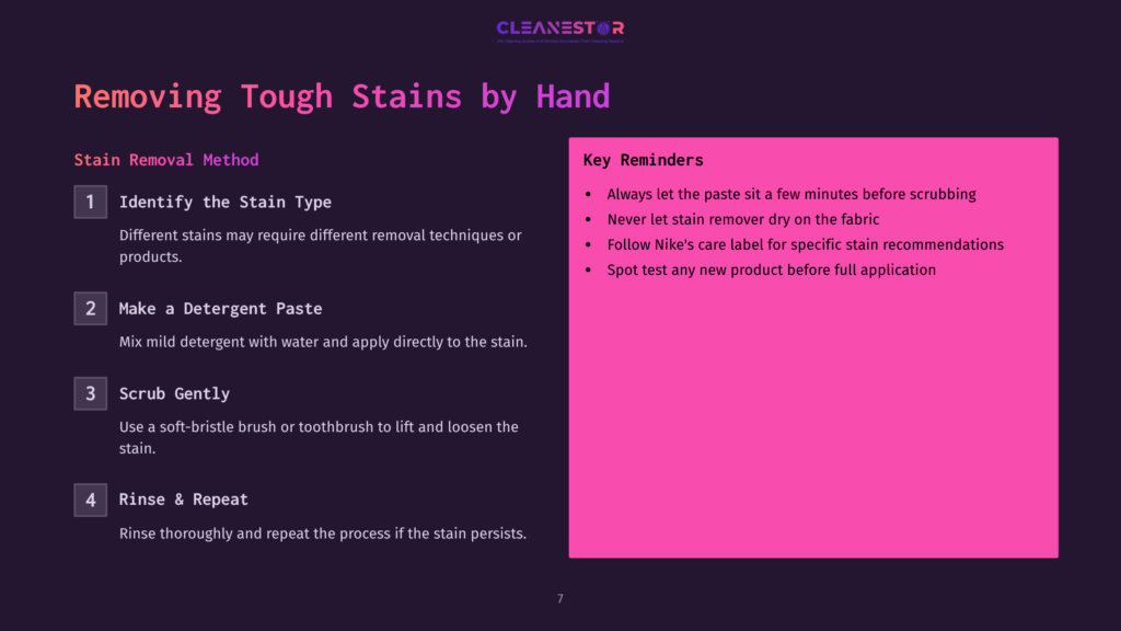 7 Removing Tough Stains By Hand A Presentation Slide Titled &Quot;Removing Tough Stains By Hand&Quot; With Steps: 1. Identify The Stain Type, 2. Make A Detergent Paste, 3. Scrub Gently, 4. Rinse &Amp; Repeat. Key Reminders Are Also Listed.