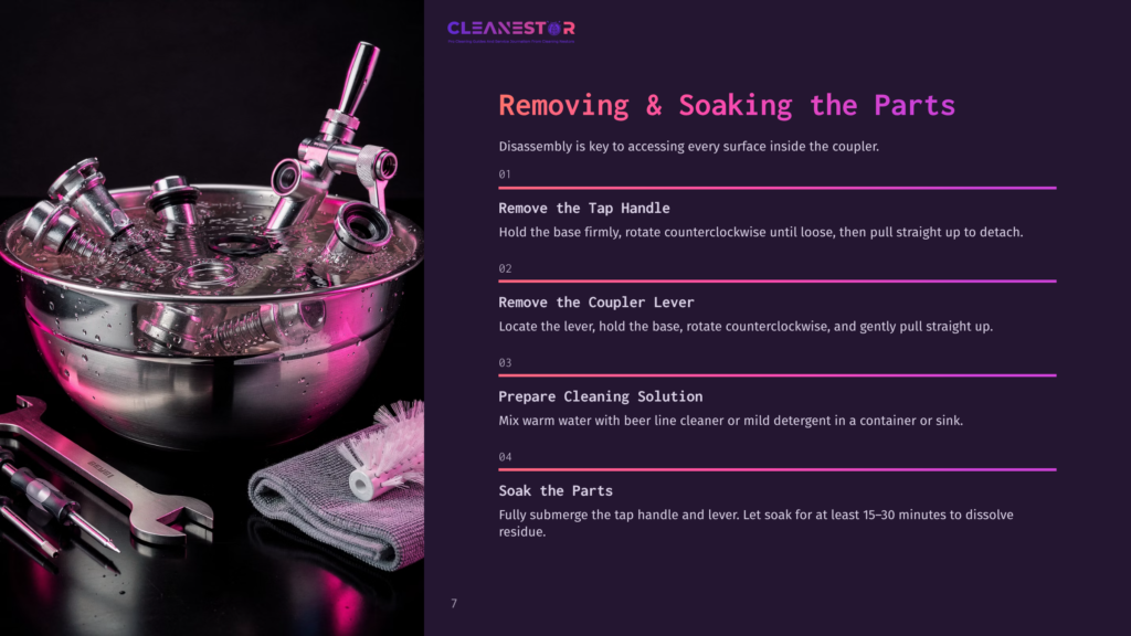 Stainless Steel Keg Coupler Parts In A Bowl With A Pink Hue, Accompanied By Cleaning Tools And Towels On A Dark Background.