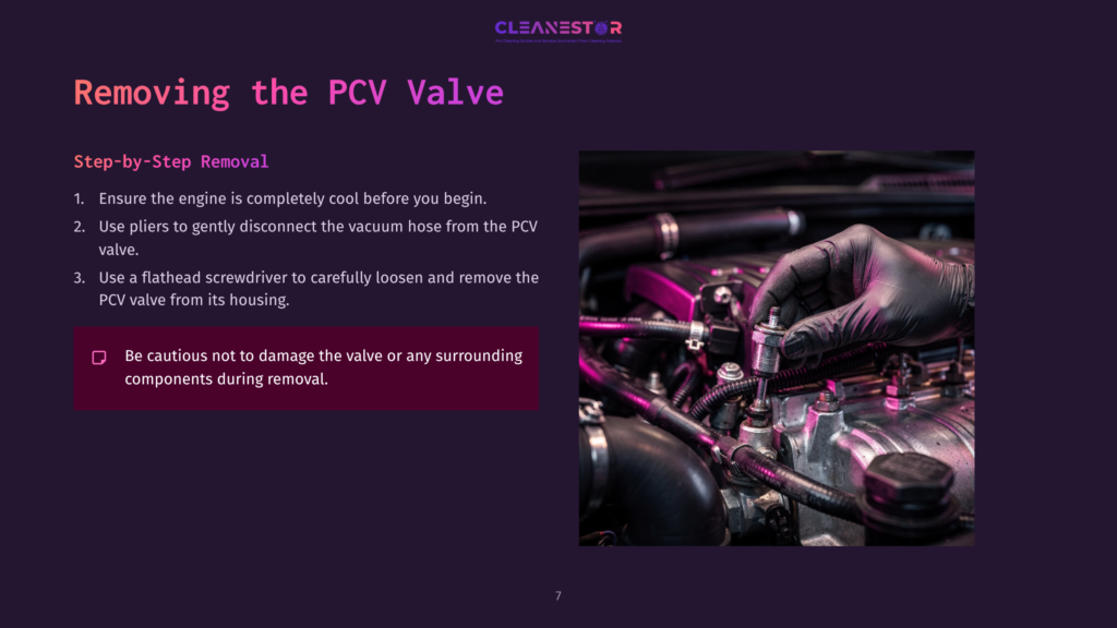 A Hand Using A Flathead Screwdriver To Remove A Pcv Valve From A Car Engine, With Purple And Black Elements In The Background.