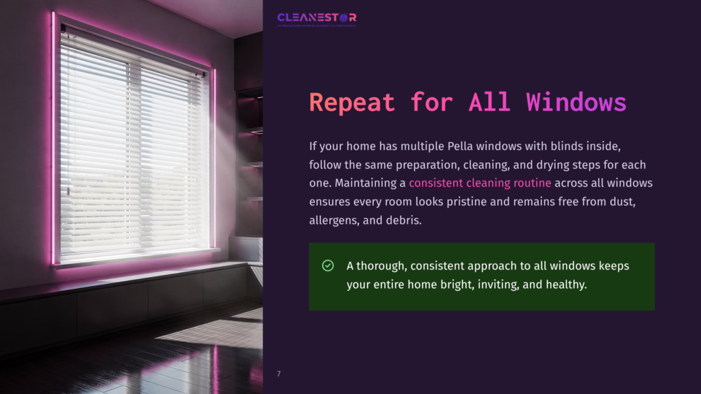 Cleanestor Logo And Text: &Quot;Pro Cleaning Solutions For Seamless Home Services. Professional Window Cleaning Experts&Quot;. A Large Window With White Blinds Is Illuminated By Pink Neon Lights.