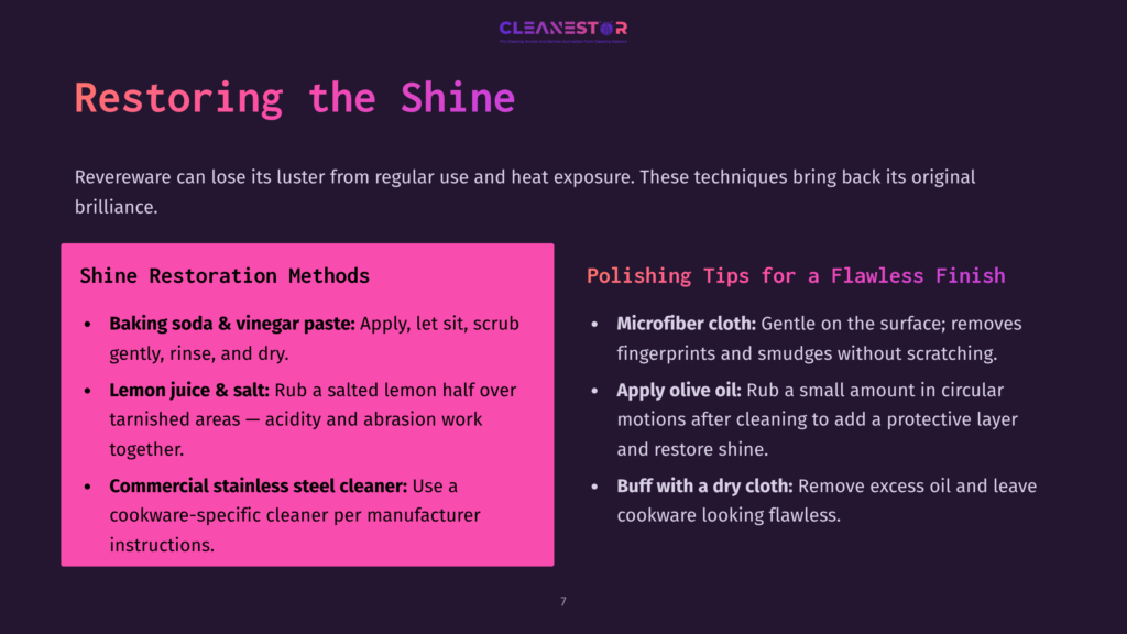 Dark Background With A Pink Rectangle On The Right Side. The Pink Rectangle Has The Heading &Quot;Shine Restoration Methods&Quot; And Lists Baking Soda &Amp; Vinegar Paste, Lemon Juice &Amp; Salt, And Commercial Stainless Steel Cleaner. The Left Side Has The Heading &Quot;Restoring The Shine&Quot; And Lists &Quot;Polishing Tips For A Flawless Finish&Quot; With Microfiber Cloth, Olive Oil, And Dry Cloth.