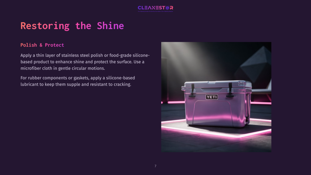 A Purple Yeti Cooler Sits On A Platform With Neon Pink Lighting, Showcasing A Polished And Restored Shine. The Image Highlights The Product'S Restored Gleam, Emphasizing A Polished And Protected Surface.