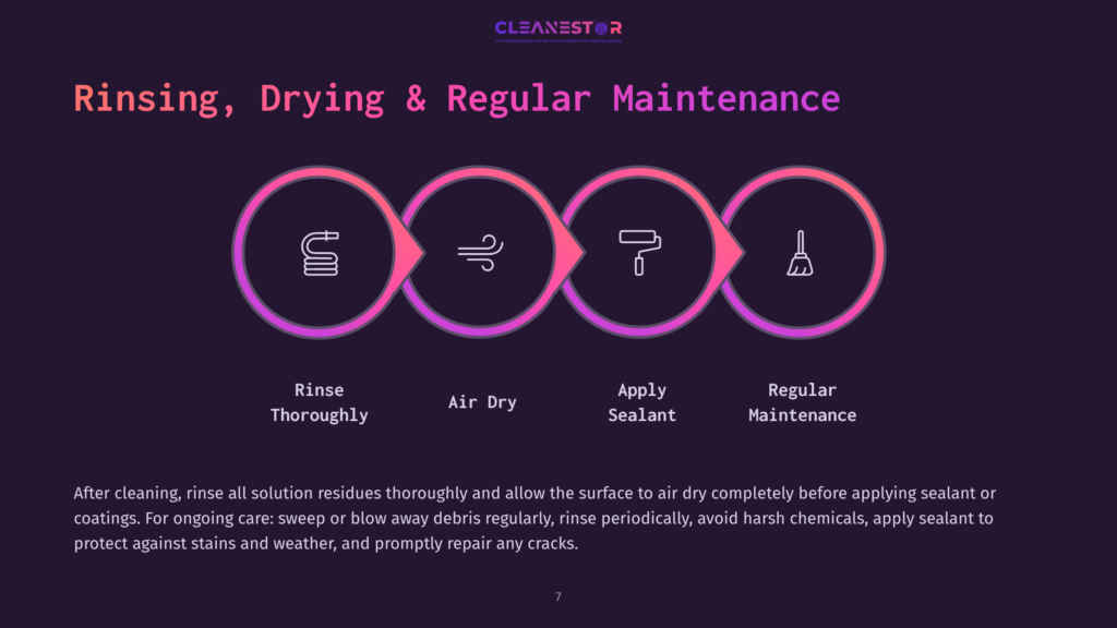 Four Circular Icons Outline Steps For Maintaining Exposed Aggregate Concrete: Rinsing, Air Drying, Applying Sealant, And Regular Maintenance, With A Dark Background.