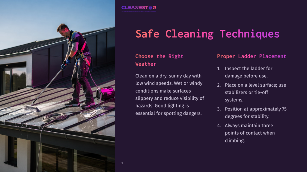 Person In A Safety Harness Cleaning A Metal Roof With A Pressure Washer, Positioned On A Ladder. Surrounding Environment Features A Modern House.