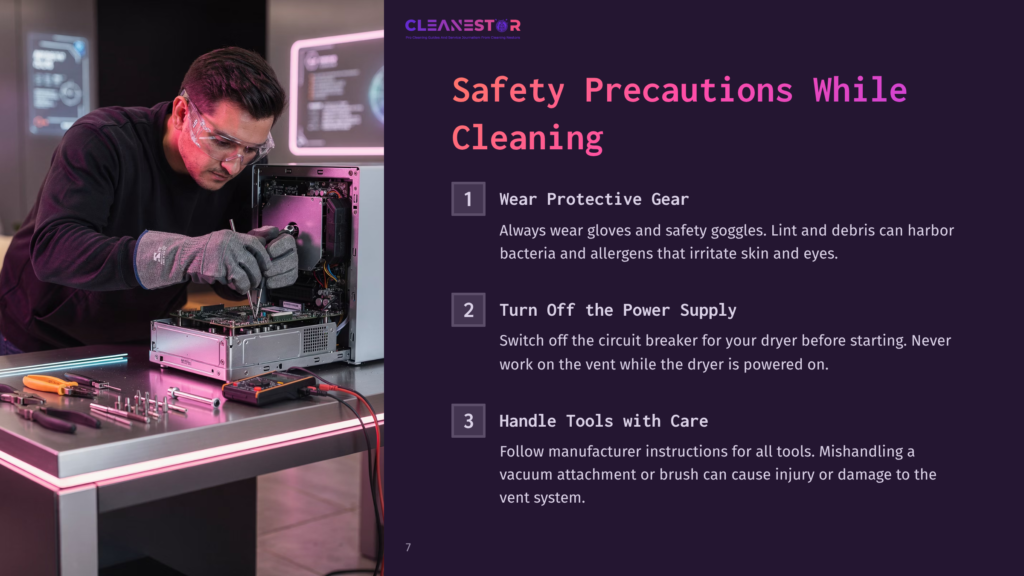 A Person In Safety Gloves And Goggles Cleans A Dryer Vent, Focusing On Safety Precautions Displayed In Bold Text Beside Them.