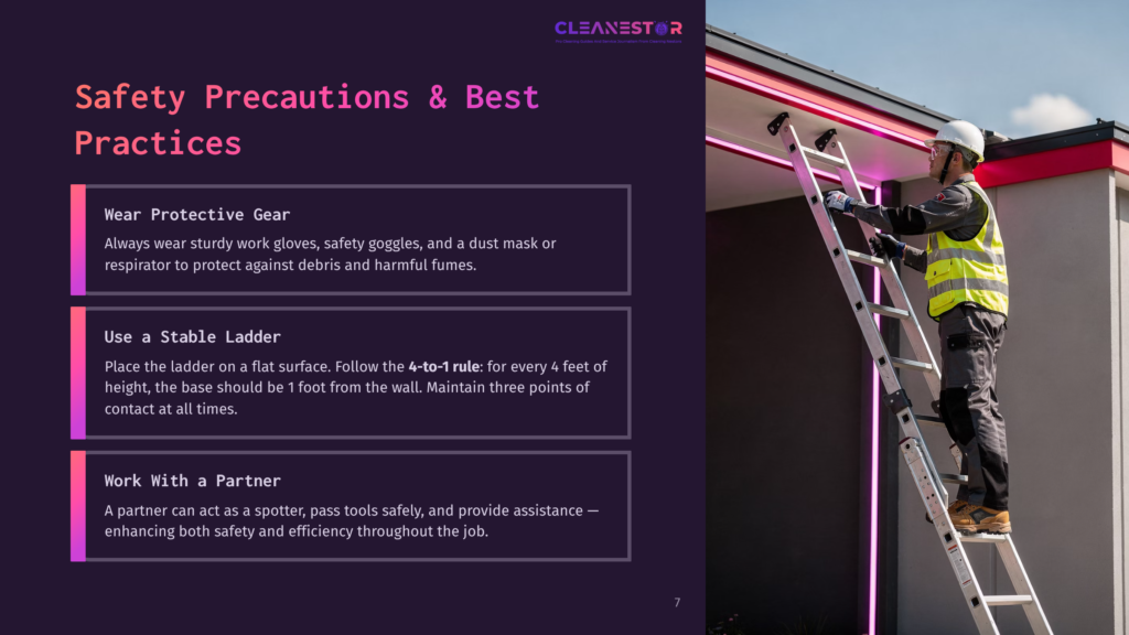 A Person In A High-Visibility Vest Uses A Ladder To Clean Eaves, With Safety Gear And A Dust Mask, Against A Modern House Backdrop.