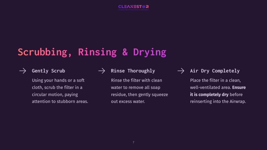 A Dark Purple Background With White And Pink Text Outlining Steps For Cleaning A Dyson Airwrap Filter: Scrub, Rinse, And Air Dry.