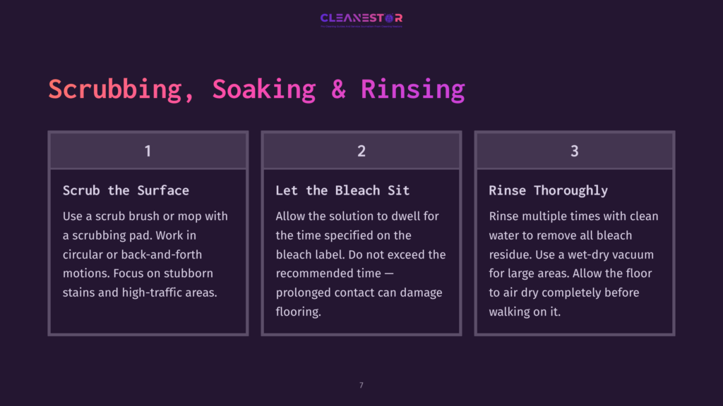 7 Scrubbing Soaking And Rinsing Three Text Boxes With Purple Backgrounds Outline Floor Cleaning Steps: Scrubbing, Letting Bleach Sit, And Rinsing. Each Box Features Numbered Instructions.