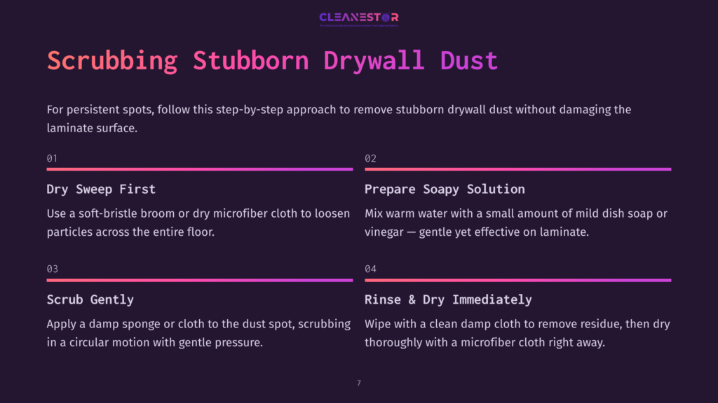 A Graphic With The Title &Quot;Scrubbing Stubborn Drywall Dust&Quot; Outlining A Four-Step Process: Dry Sweep First, Prepare Soapy Solution, Scrub Gently, And Rinse &Amp; Dry Immediately.