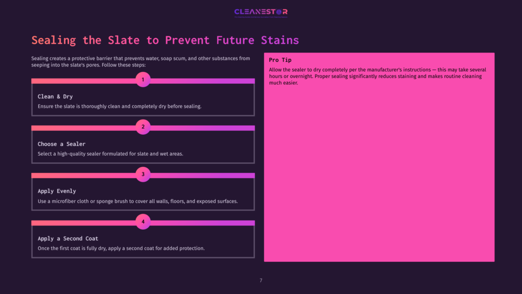 A Graphic Displays A Step-By-Step Guide To Sealing Slate, With Purple And Pink Color Blocking. Steps Include &Quot;Clean &Amp; Dry,&Quot; &Quot;Choose A Sealer,&Quot; &Quot;Apply Evenly,&Quot; And &Quot;Apply A Second Coat,&Quot; Each With Accompanying Text And Numbered Circles.