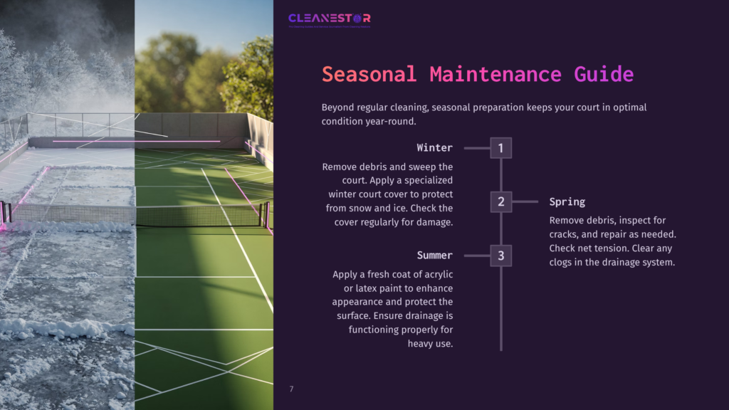 A Tennis Court With A Vibrant Green Surface, Featuring A Maintenance Guide Outlining Seasonal Cleaning Steps In White Text Against A Purple Background.