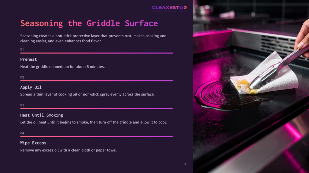 A Hand Holding A Cloth Applies Oil To A Griddle'S Surface, With Vibrant Pink Lighting Highlighting The Scene.