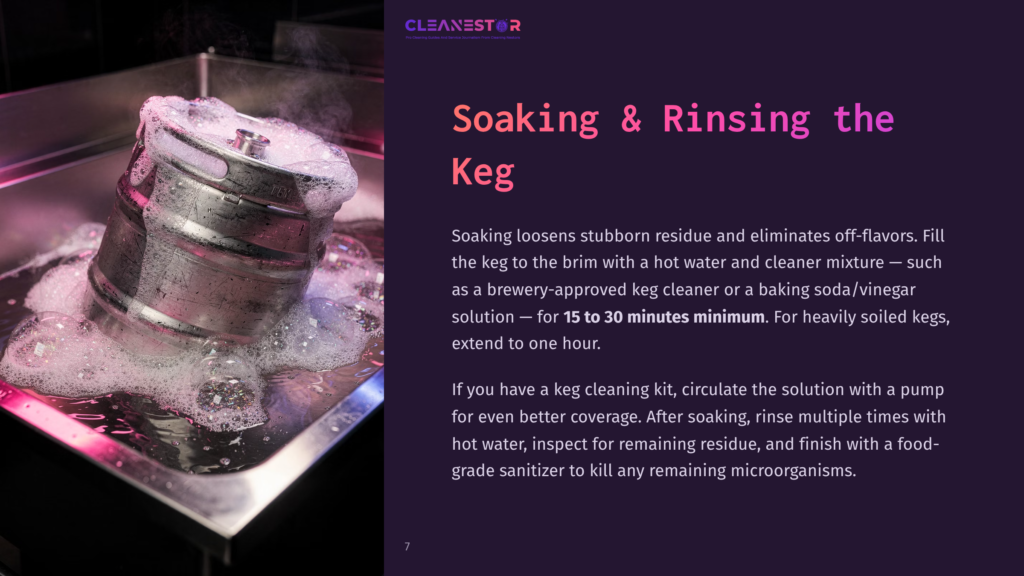 Keg Soaking In A Foamy Solution To Remove Residue, With Cleaning Instructions Text Beside It.