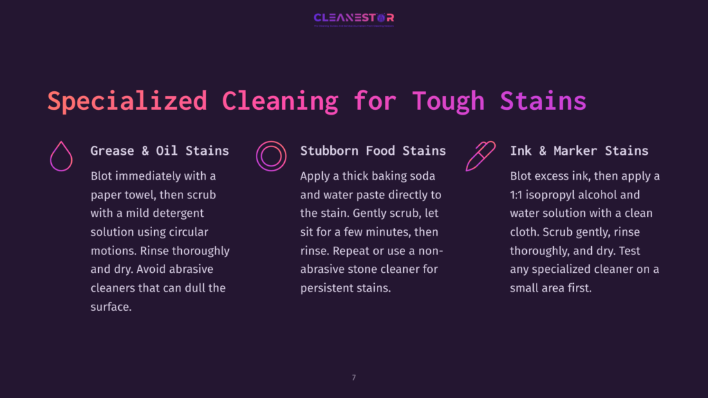 Purple Background With White And Pink Text Outlining Cleaning Methods For Grease, Food, Ink, And Marker Stains On Caesarstone Surfaces.