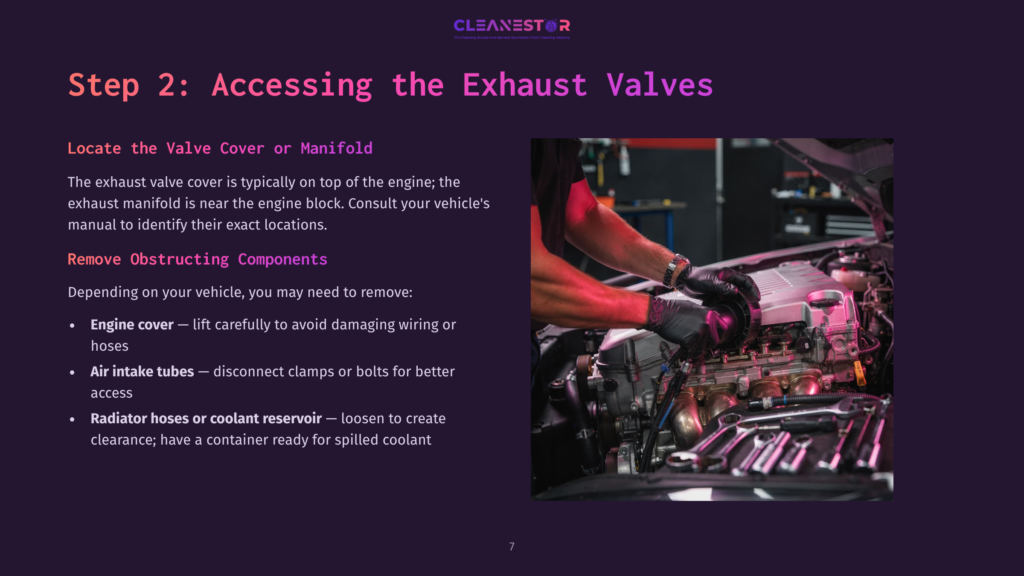 Mechanic'S Hands In Black Gloves Work On A Car Engine, With Tools Like Wrenches Visible On The Engine Block. The Scene Is Part Of A Guide To Accessing Exhaust Valves.