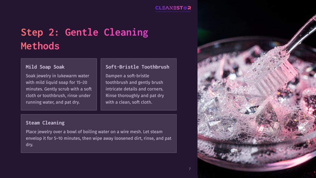 A Close-Up Of A Bowl Filled With Soapy Water And Bubbles, Alongside Instructions For Gentle Cleaning Methods For Crystal Jewelry.