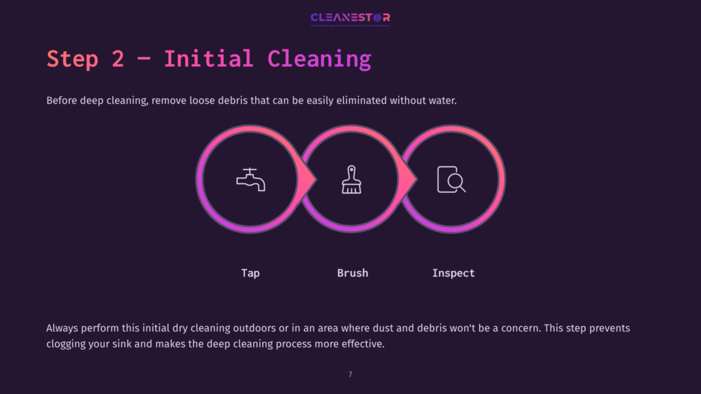 7 Step 2 Initial Cleaning Step 2: Initial Cleaning. Three Circular Icons In A Row Represent Tap, Brush, And Inspect For Dry Cleaning A Sink Before Deep Cleaning, Preventing Clogs.