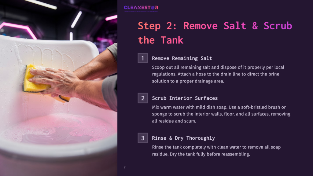 Hands Scrub The Interior Of A Large White Tub With A Yellow Sponge And Mild Dish Soap, Following Step 2: Remove Salt &Amp; Scrub The Tank.