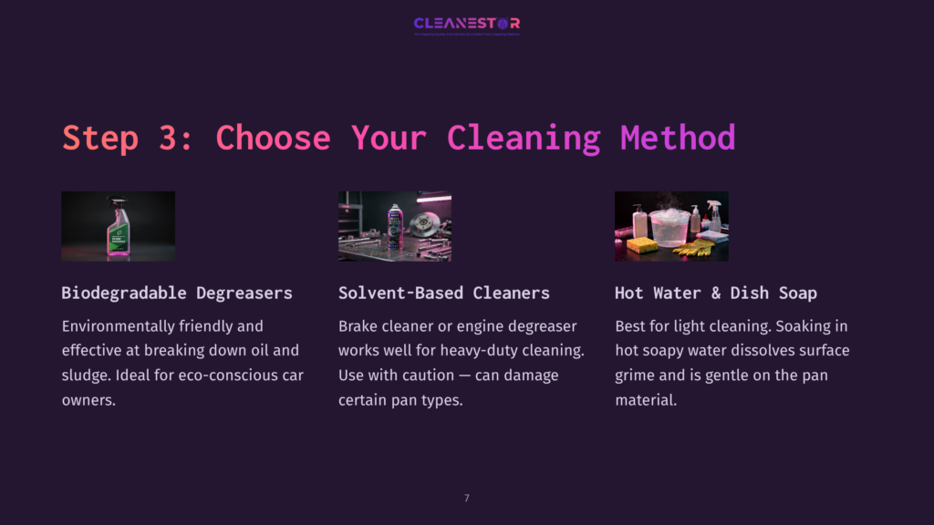 7 Step 3 Choose Your Cleaning Method Step 3: Choose Your Cleaning Method. Three Cleaning Options Are Presented: Biodegradable Degreasers, Solvent-Based Cleaners, And Hot Water &Amp; Dish Soap, Each With A Descriptive Icon And Text.