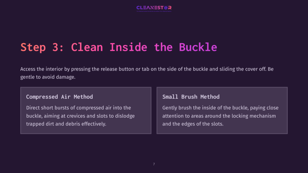 Step 3 Instructions On Cleaning A Seat Belt Buckle, Featuring Two Methods: Compressed Air And A Small Brush, On A Dark Purple Background.