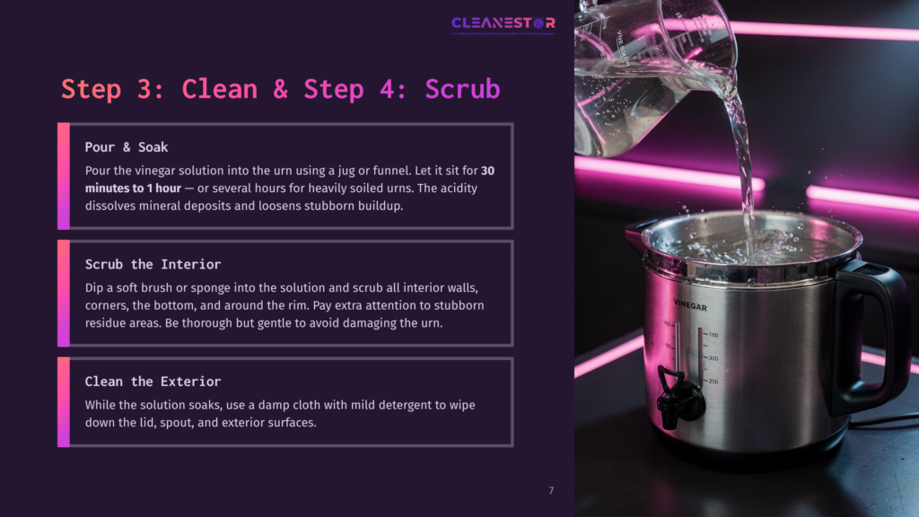A Jug Pours Vinegar Into A Stainless Steel Urn With &Quot;Vinegar&Quot; Labeled On The Side. The Urn Has Measurement Markings And A Spigot. The Scene Is Illuminated By Pink Neon Lights.
