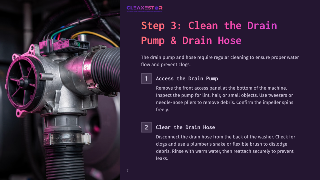 Close-Up Of A Drain Pump With Attached Hoses, Featuring Dark Metallic Components And Visible Tools For Maintenance. Step-By-Step Instructions Displayed.