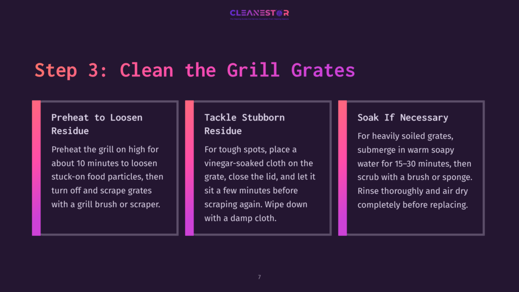 Graphic With Text &Quot;Step 3: Clean The Grill Grates&Quot; And Three Columns Detailing How To Clean Grill Grates: Preheat To Loosen Residue, Tackle Stubborn Residue, And Soak If Necessary.