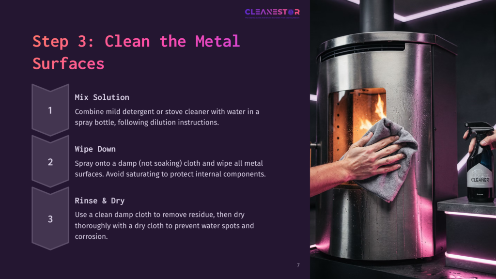Close-Up Of A Person'S Hands Wiping A Metal Stove With A Gray Cloth, Following Cleaning Instructions. A Bottle Of Metal Cleaner Is Visible On The Right.
