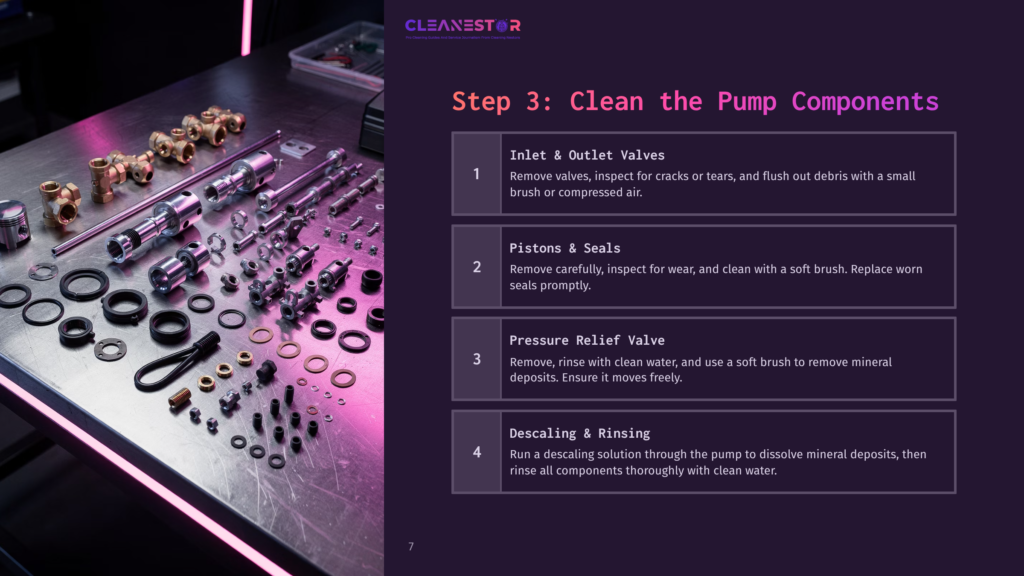 7 Step 3 Clean The Pump Components An Organized Display Of Pressure Washer Pump Components, Including Valves, Seals, And Tools, On A Dark Surface With Pink Lighting.