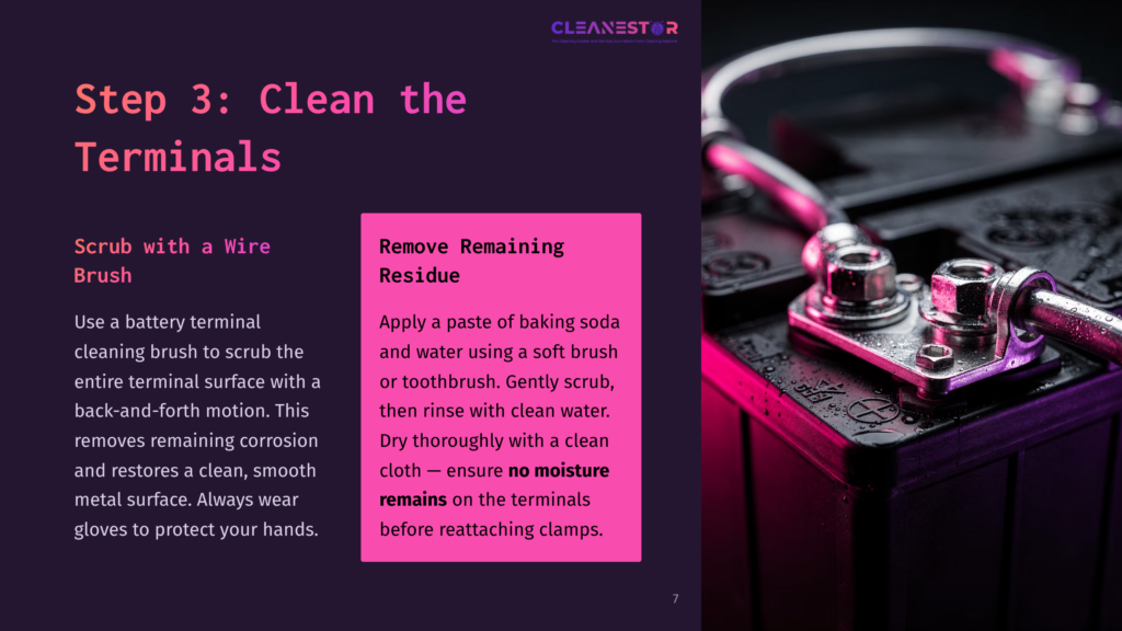 Close-Up Of A Car Battery Terminal Being Cleaned With A Wire Brush, With Text Overlay &Quot;Step 3: Clean The Terminals&Quot; And &Quot;Remove Remaining Residue&Quot;.